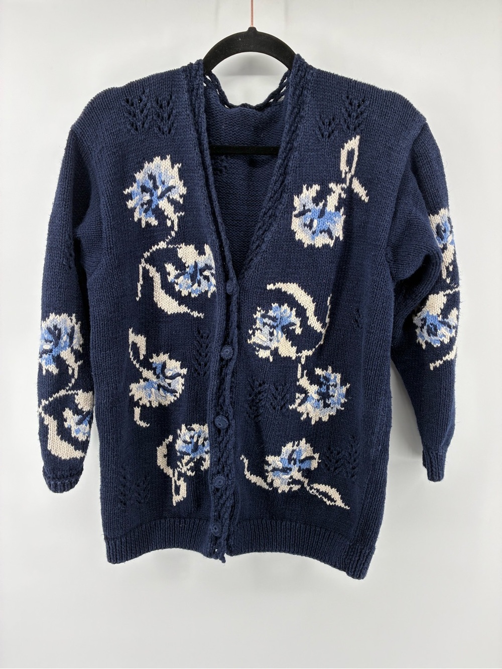 Navy Floral Button-Front Women's Sweater Cardigan
